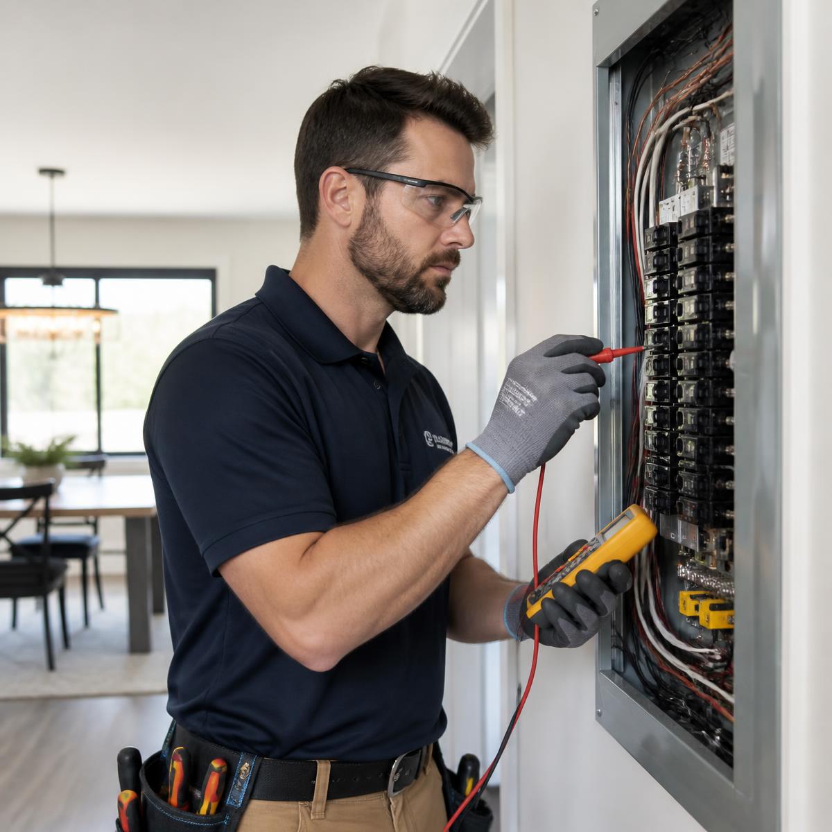 Electrician testing an electrical service panel inside a home